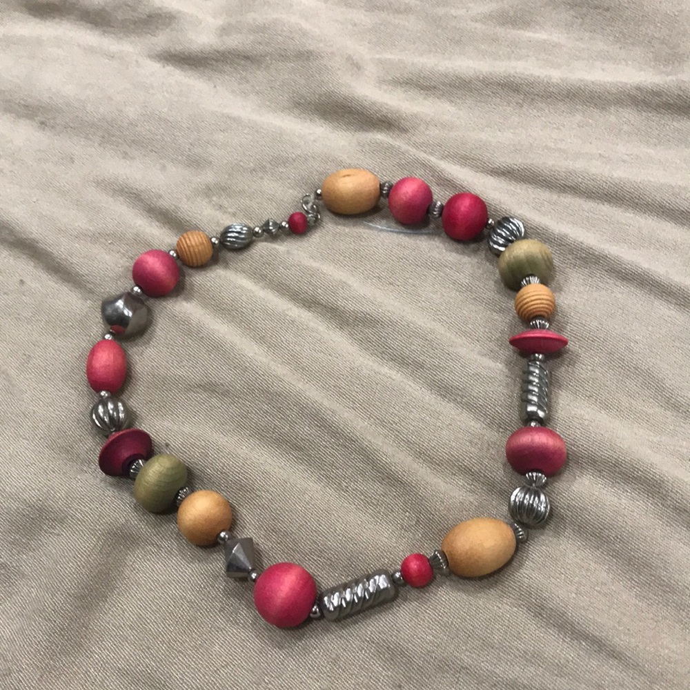 Vintage 1980s wood and silver bead necklace